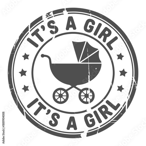 A circular stamp announces it s a girl with a baby carriage illustration