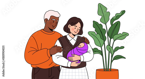 Couple holding baby and standing next to a large plant in a domestic scene illustration