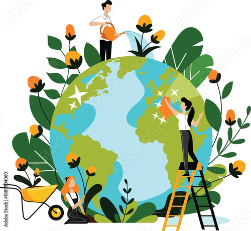 Eco-Friendly People Caring for the Earth Illustration with Gardening and Cleaning Concept