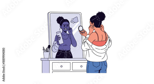 Woman getting ready in front of a mirror, morning routine, bathroom, illustration, daily life