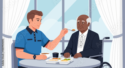 Caregiver feeding an elderly man at a table near a window with white curtains