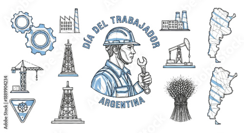 Worker with wrench and hard hat surrounded by industrial symbols and Argentina map