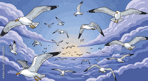Seagulls flying over the ocean waves with clouds and sunlight in a serene aerial scene