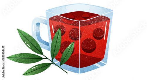 A vibrant red fruit infused drink in a clear glass mug with green leaves on a plain background