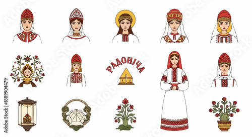 Traditional Slavic Women in Folk Costumes with Floral and traditional costumes folk attire
