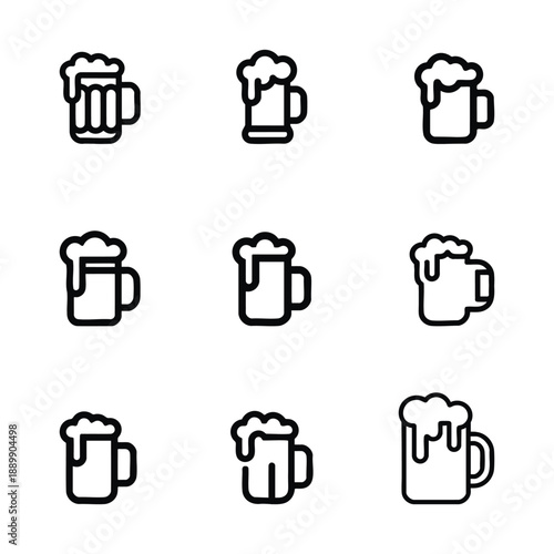 Beer mugs black outline icons depicting various styles