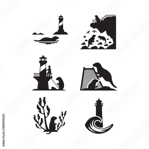 Otter Wildlife and Coastal Lighthouse Silhouette Vector Set for Marine Nature Designs. 