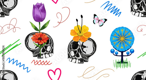 Vibrant skulls with flowers and butterflies in a festive illustration pattern