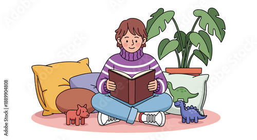 Woman sitting on a couch reading a book surrounded by pillows and plants in a cozy living room scene