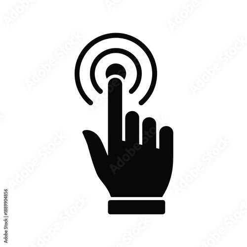 Black silhouette of a hand pressing a circular touch screen button