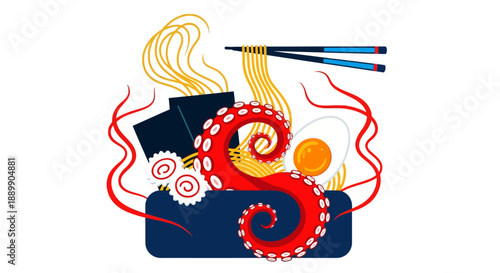 Illustration of octopus tentacles curling around bowl with noodles and chopsticks above