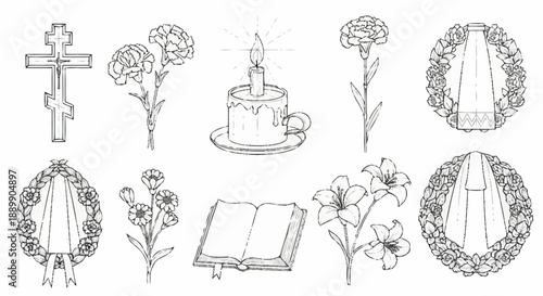 Black and white of crosses, flowers, candle, book, and wreaths carnations