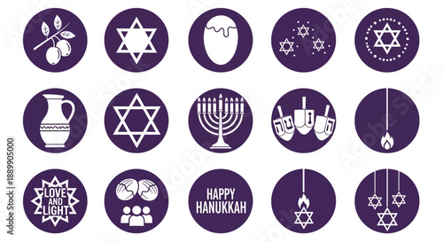 Collection of Hanukkah icons in purple and white, featuring symbols and objects related to the holiday, in a grid layout.