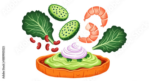 Assorted ingredients floating above a bowl of guacamole, featuring shrimp, vegetables, and spices in a culinary illustration