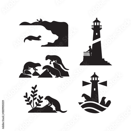 Otter Wildlife and Coastal Lighthouse Silhouette Vector Set for Marine Nature Designs. 