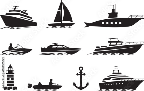 Set of ships in clean vector style including cargo ships, sailboats, and vessels. Minimal isolated icons ideal for maritime, travel, shipping, and naval design projects.