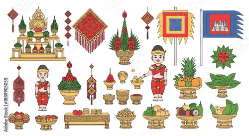 Traditional Thai Ceremonial Offerings and Decorations with Figures and Fruits