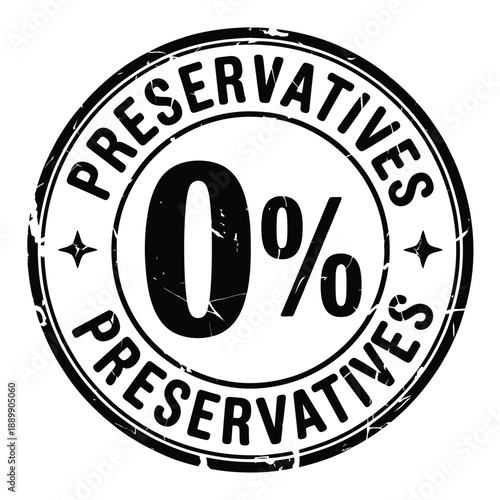 Black stamp proclaiming zero percent preservatives with circular design elements