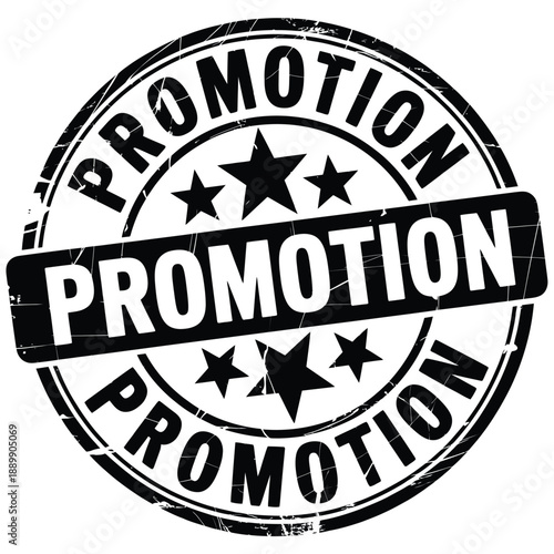 A circular black stamp displaying the word promotion with star accents