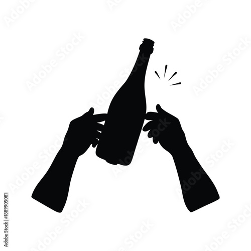 Celebratory toast with champagne bottles silhouette vector illustration, Black and white silhouette of two champagne bottles being toasted, celebrating a victory or special occasion