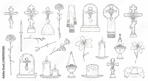 Black and white of religious symbols and crosses candles flowers