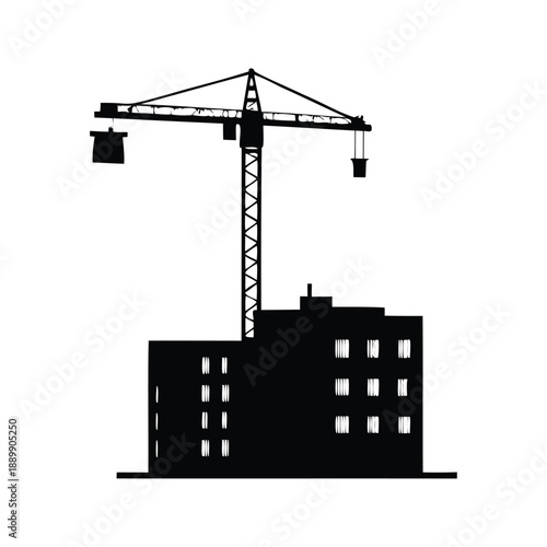 Modern building construction silhouette vector illustration, A black and white silhouette vector illustration of a modern building under construction with a crane