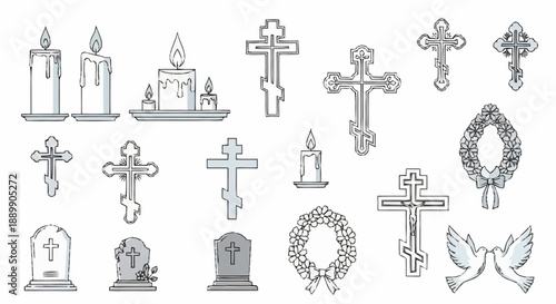 Collection of black and white funeral and memorial symbols including crosses, candles, wreaths