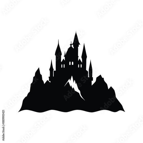 Majestic castle silhouette vector illustration with towering spires, A detailed black and white silhouette vector illustration of a majestic castle with towering spires and turrets