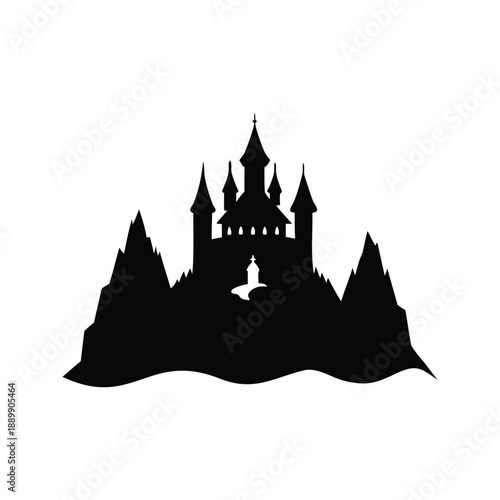 Majestic castle silhouette vector illustration with mountains, A detailed black and white silhouette of a castle with mountains, perfect for vector illustrations