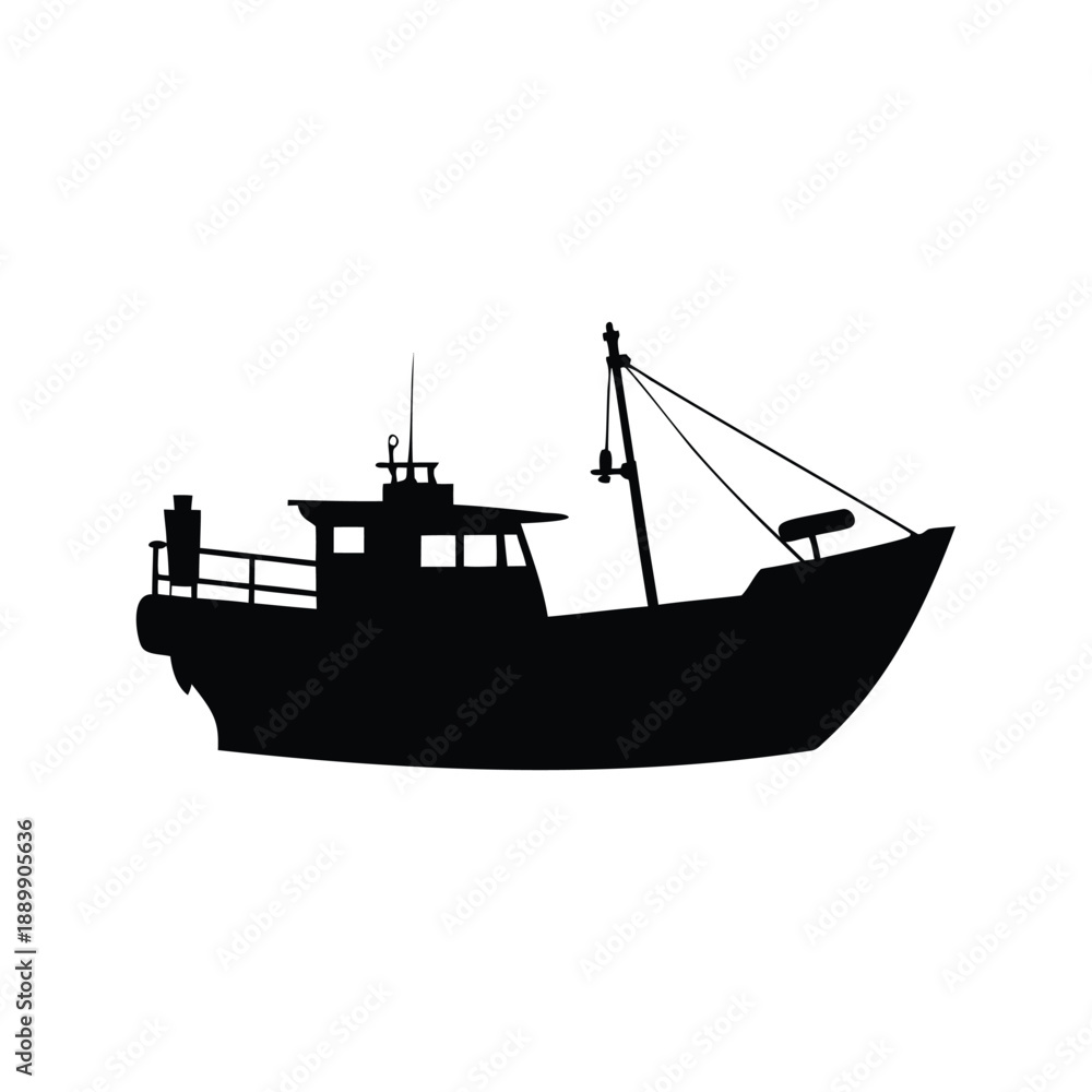 Obraz premium Black and white silhouette of a fishing boat vector illustration, A detailed black and white silhouette of a fishing boat vector illustration