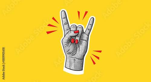 Hand gesture illustration showing rock on sign with red accents on yellow background, viewed from front