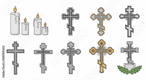 Collection of gray and yellow crosses and candles religious symbols