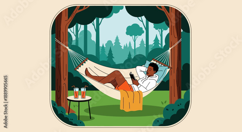 Person relaxing in a hammock between trees in a forest scene, viewed from the side, with a table beside them.