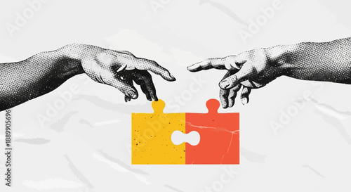 Two hands connecting puzzle pieces together in a symbolic representation of collaboration and unity from opposite sides