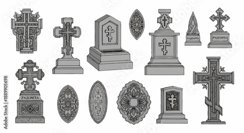 Collection of gravestones and crosses in black and white style tombstones memorials