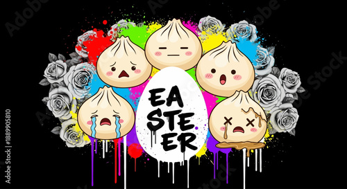 Vibrant cartoon dumplings with varied emotions surrounded by roses, illustration for easter, digital art from a front viewpoint