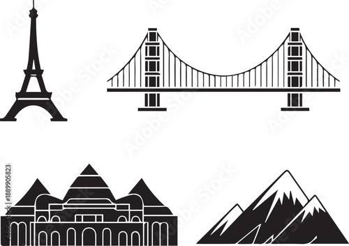 Famous tourist places icons set, vector landmarks and travel symbols collection including monuments, attractions, historic sites, and sightseeing elements in flat minimalist style isolated on white ba