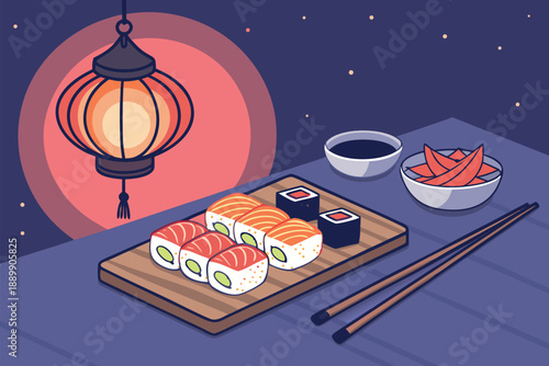 Sushi Dinner Bar Night Atmosphere Illustra