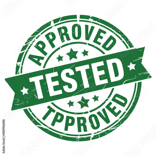 Green circular stamp displaying the words approved and tested with stars