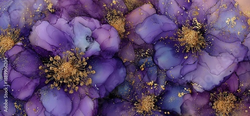 Abstract floral watercolor painting, purple and gold