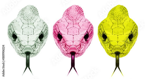 Three colorful snake heads with tongues out, viewed from the front, in a row, illustrations