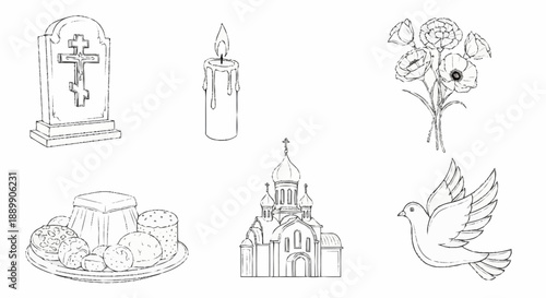 Grayscale of religious symbols and including a cross, candle, flowers, church, bread, and dove