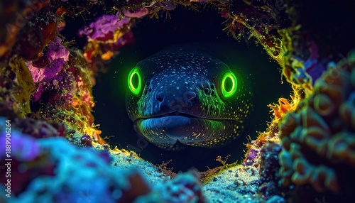 Mysterious Moray Eel with Glowing Eyes in a Coral Reef Habitat.