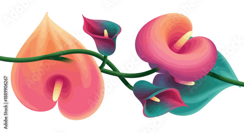 Digital artwork of calla lilies in various stages of bloom on a curved stem viewed from a slightly elevated angle