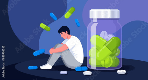 Man surrounded by pills sitting on floor with bottle of medication