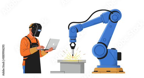 Industrial worker operating robotic arm for metalwork in a factory setting