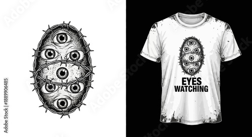 Illustration of eyes and t-shirt design with watching theme on white and black backgrounds