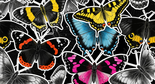 Vibrant butterflies in various colors flying together in a digital illustration