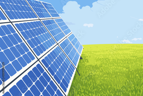 Large solar panel array positioned in a green field under a clear blue sky for clean energy.