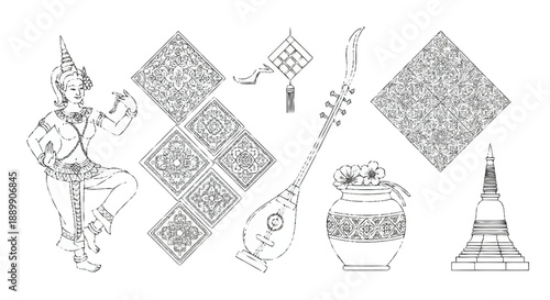 Traditional Thai Dancer with Cultural Artifacts and Decorative traditional costume